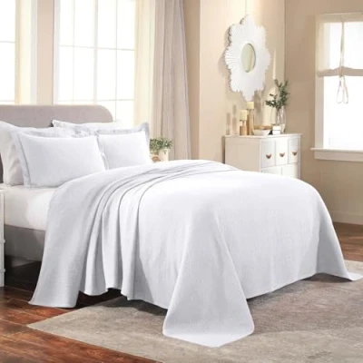 Image of Superior Cotton Fleur De Lis Bedspread Set, Warm Blankets, All Season Bedding, Bedroom Decor, Decorative Boho Medallion Coverlet, Includes 1 Bedspread, 2 Pillow Shams, Full, White