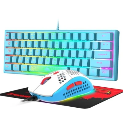 Image of LexonElec K61 60% Compact Gaming Keyboard and Mouse Set Mechanical Feel Mini 62 Keys 12000 DPI Breathable LED Ultralight Honeycomb Shell UK Layout Ergonomic RGB Backlit Blue