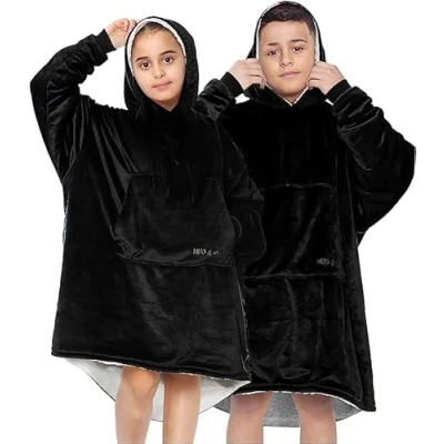 Image of GC GAVENO CAVAILIA Hug Snug Blanket Hoodie For Boys, Oversized Kids Girls, Black Fleece Hooded Sweatshirt With Large Front Pocket Wearable