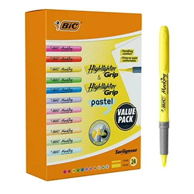 Image of BIC Highlighter Grip &amp; Pastel, Perfect For The Classroom, Office, Or Christmas, Assorted Colours, Pack of 24 [Amazon Exclusive]