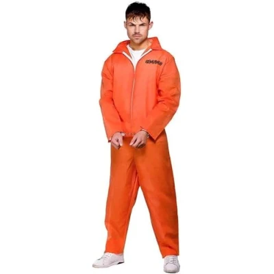 Image of jokeshop Orange Prisoner Jumpsuit And Handcuff&#039;s Overall Boiler Suit Convict Prison Inmate Fancy Dress Costume Outfit