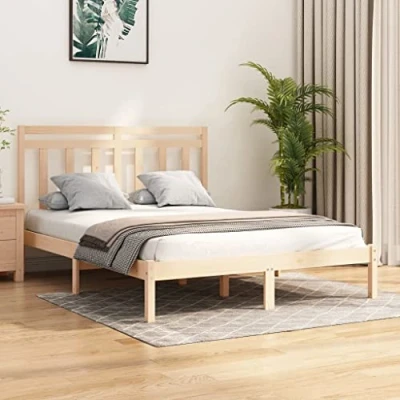 Image of vidaXL Solid Wood Bed Frame and Headboard 160x200 cm Rustic Pine Wooden Bedstead with Plywood Slats for Optimal Support