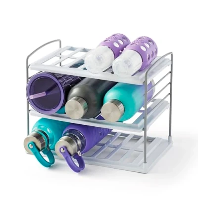 Image of YouCopia UpSpace Adjustable Water Bottle Organiser for Kitchen Cupboard and Pantry Storage, Tumblers Wine Holder, 3 Shelf, White