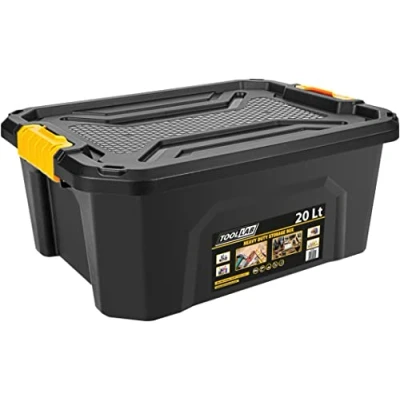Image of Tool Lab Heavy Duty Polypropylene Storage Box with Clip on Lid. Ideal for storing items in garages and lofts. (20 Litre : 490 x 380 200mm)