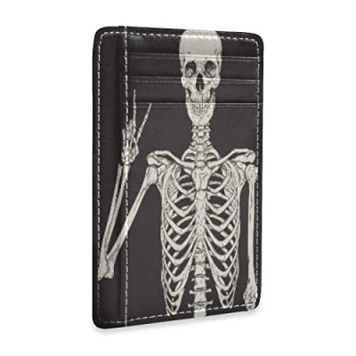 Image of Linomo Thin Leather Card Holder and Money Clip Funny Skeleton Wallet RFID Blocking for Men &amp; Women