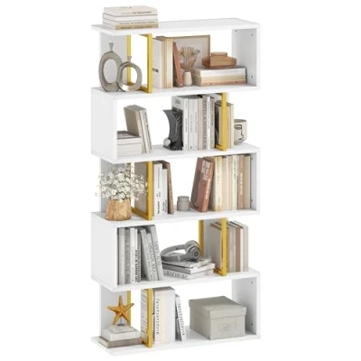 Image of YITAHOME Bookcase, Industrial Bookshelf with Steel Frame Tall Standing Shelving Unit Open Book Shelf Display Rack Storage Organizer for Living Room Home Office Bedroom, Gold