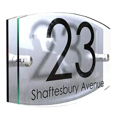 Image of MODERN HOUSE SIGN PLAQUE DOOR NUMBER STREET GLASS EFFECT ACRYLIC ALUMINIUM NAME