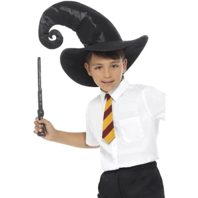 Image of Smiffys Wizard Kit, Black with, Tie, Hat &amp; Wand, 34cm/13in, Boys Fancy Dress, Dress Up Costumes