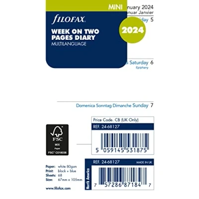 Image of Filofax Mini week on two pages 4 language 2024 diary refill,White