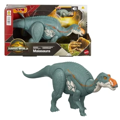 Image of ​Mattel Jurassic World Rebirth Wild Roar Maiasaura Dinosaur Toy with Tail Controlled Chomp Multi Direction Attack &amp; Sound, Posable Digital Play, JGC82