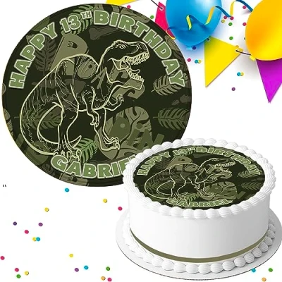 Image of DINOSAUR PERSONALISED HAPPY BIRTHDAY 7.5 INCH EDIBLE ICING CAKE TOPPER DECORATION M98