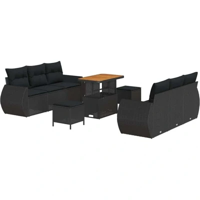 Image of vidaXL 9 Piece Garden Sofa Set with Cushions Black Poly Rattan Acacia