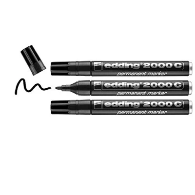 Image of edding 2000 C permanent marker black pack of 3 round nib 1.5 mm quick drying markers waterproof, smudge proof for cardboard, plastic, wood, metal, fabric pen