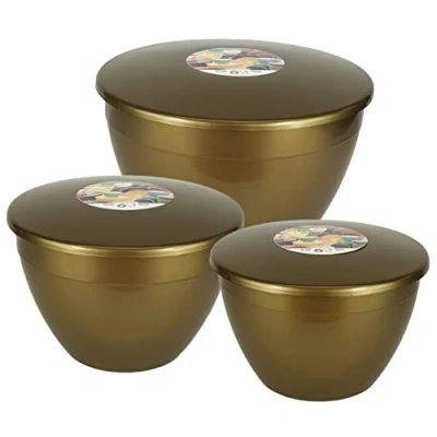 Image of Just Pudding Basins 3 Larger Bowl Sizes and Lids in 1 Set, 1x 1.5 pint (850ml), 2 (1.14lt), (1.71lt) Gold