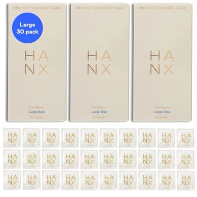 Image of HANX Large Size Condoms l Ultra Thin Lubricated Easy On Dermatologically Approved Protection Natural Latex Spermicide Free, Vegan Biodegradable (Pack of 30)