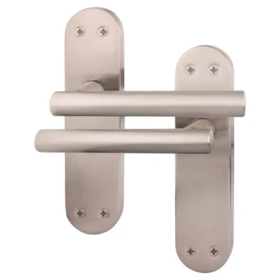 Image of EAI Satin Door Handles 1 Pair of Nickel Internal Latch T Bar on Backplate Oliena Range