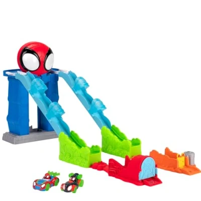 Image of MARVEL Spidey and His Amazing Friends Spidey’s Mega Jump HQ Track 39 Inch Dual Race with Elevator, Control Center, Web Tunnels Two Exclusive Metals Vehicles