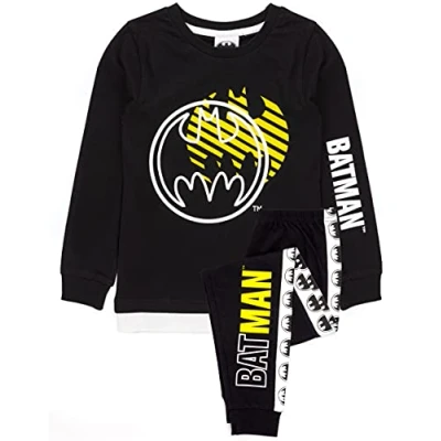 Image of DC Comics Batman Pyjamas Boys Kids Black Yellow Bat Logo T Shirt Long Length Bottoms Childrens Dark Knight Movie Merchandise 9 10 Years