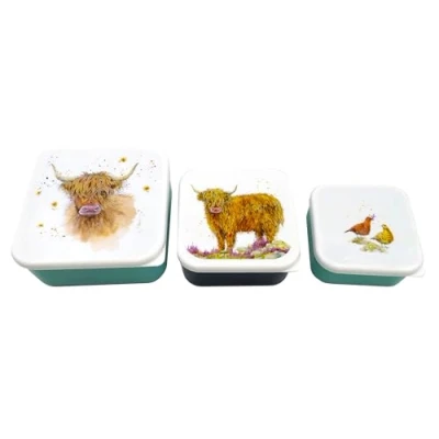 Image of Puckator Jan Pashley Highland Coo Cow Set of 3 Lunch Box Snack Storage M/L/XL Lunchbox with Multi Compartments Small Food Containers for Adults and Kids Girls Boys