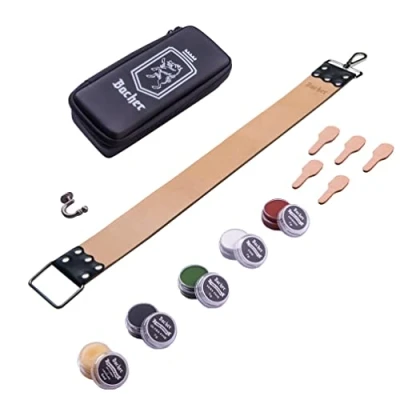 Image of BACHER Shaving Strop Belt with Honing Compounds Premium Set Leather Straight Razor Sharpener, Sharpening Compound and Razors Case (Regular: 56.5x5 cm) Manual Accessories
