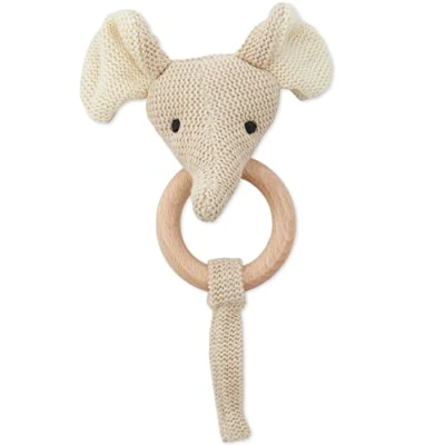 Image of Bieco Grasping Toy Baby Rattle Cute Elephant Crochet with Wooden Ring for Boys and Girls Eefanten Crocheted Gripping Rings