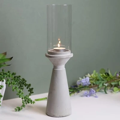 Image of Large Grey Hurricane Cement Concrete Tea Light Candle Holders Lantern with Glass Shade