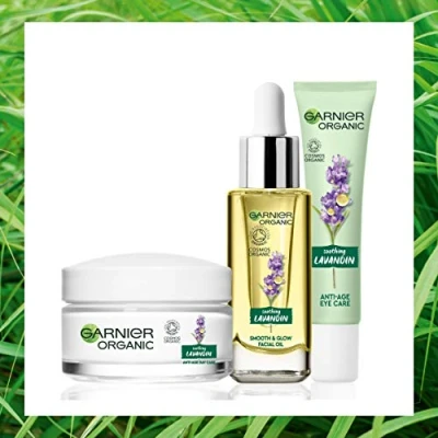 Image of Garnier Organic Lavandin Set: Anti Age Day Cream, Smooth &amp; Glow Facial Oil and Eye Cream for Healthy Glowing Skin Suitable Dry Sensitive