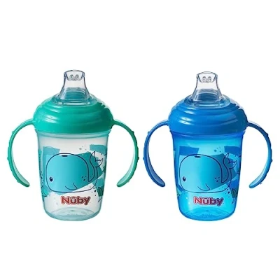 Image of Nuby Grip N Sip Water Bottle No Spill Sippy Cup 240ml / 8oz Twin Handle Dishwasher and Microwave Safe Suitable Beaker for 4 Months Plus (Whales, Pack of 2), 048526890415