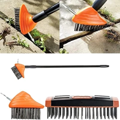 Image of Weed Brush Broom Twin Heads Set 3 in 1 Extendable Telescopic Handle Paving Garden Patio Cleaner Remove &amp; Moss from Block Path and Driveway (Orange/Black)