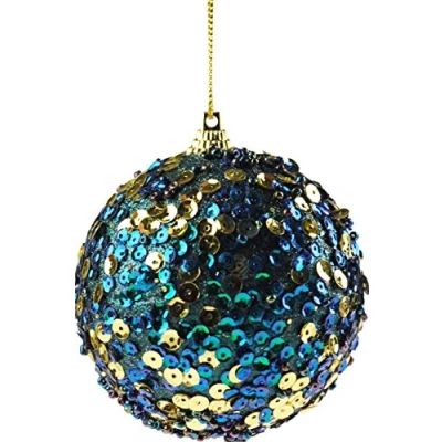 Image of Set Of 6 Opulent Glitter Encrusted Blue Gold Sequin Christmas Tree Baubles Decorations