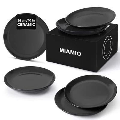 Image of MIAMIO 6 x Plate/Dinner Plate Set Stoneware Ceramic Tableware Le Papillon Collection (Black, 26 cm)