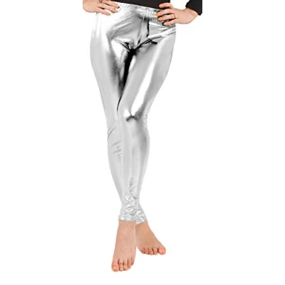 Image of Crazy Chick® Children Girls Wet Look Legging Kids Shiny Foil Metallic Dance Leggings Age 5 12 Year (Silver) (5 6 Years)