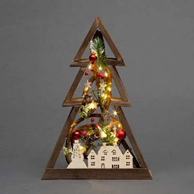 Image of 39cm LED Pre Lit Decorated with Leaves Pine Cones Berries 3D Nordic Christmas Scene Tree Shape Wooden Frame Tabletop Decorations Xmas Ornament Gifts