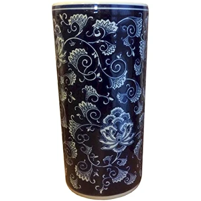 Image of M S L Navy Blue and White Floral Ceramic Umbrella Stand Walking Stick Large Vase