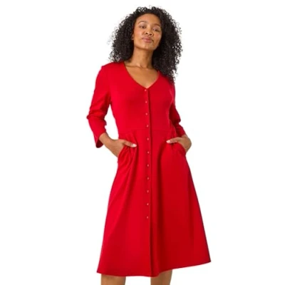 Image of Roman Petite V Neck Button Detail Stretch Dress for Women UK Ladies Autumn Everyday Winter Holiday Neckline Comfy 3/4 Sleeve Soft Fit &amp; Flare Frock Office Desk Gowns Red Size 14