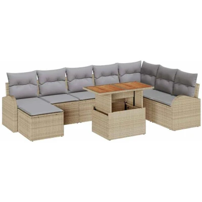 Image of vidaXL 9 Piece Garden Dining Set with Cushions Beige Poly Rattan Acacia