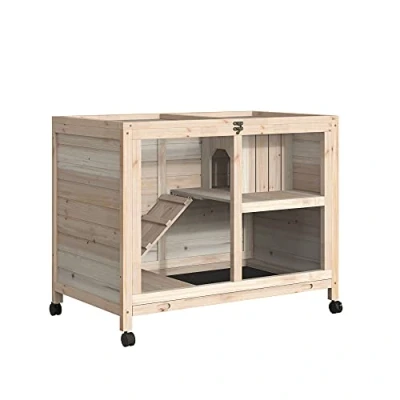 Image of PawHut Rabbit Hutch Indoor Wooden Guinea Pig House Hamster Cage with Wheels, 2 Layers Bunny Openable Roof, 91.5 x 53.3 73 cm, Natural