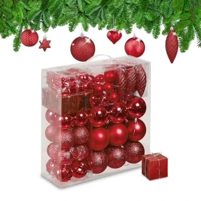 Image of Relaxdays Christmas Bauble Set of 110, Glittery, Matt &amp; Shiny Ornaments, Plastic Xmas Tree Balls, HxD: 9 x 8 cm, Red
