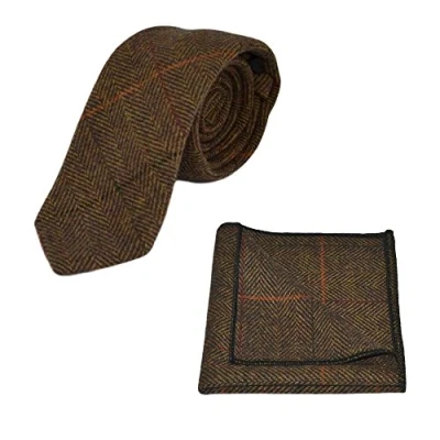 Image of King &amp; Priory Luxury Dijon Herringbone Check Tie Pocket Square Set, Tweed