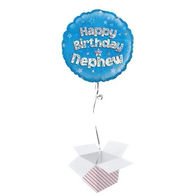 Image of Happy Birthday Nephew Holographic Round Foil Helium Balloon Inflated in a Box