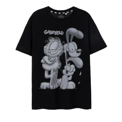 Image of Garfield Mens T Shirt in Black Greyscale Classic Comic Strip Graphic Tee 90s Nostalgia Fashion for Men Comfortable Short Sleeve Crewneck Top Retro Cartoon Character