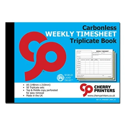 Image of Cherry Carbonless NCR Weekly Timesheet Triplicate Book A5 50 Sets