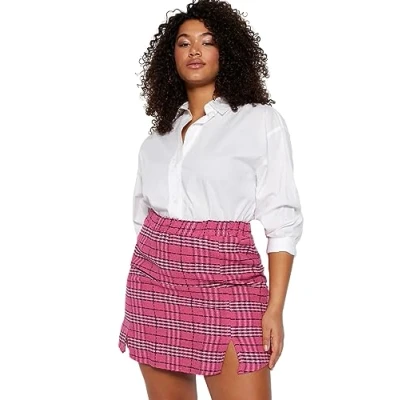 Image of Trendyol FeMan Plus Size Mini Pencil Skirt Pleated Woven Skirt,Fuchsia,42