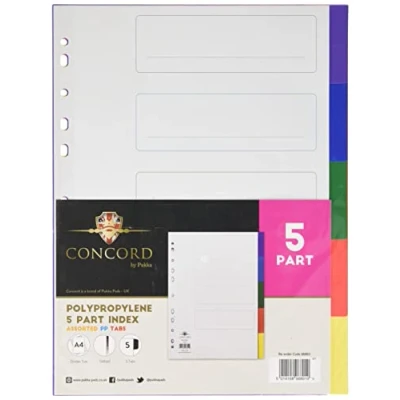 Image of Concord Plastic Subject Dividers Polypropylene 120 Micron Europunched 5 Part A4 Assorted Ref 06801