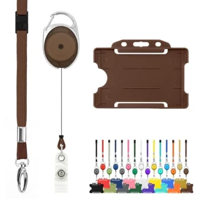 Image of Retractable Lanyard and Badge Holder Trio Triple Pack by LanyardsTomorrow Set Includes A Single Plain Lanyard, Extendable Carabiner Yoyo Reel Clip Rigid ID Card (Brown)