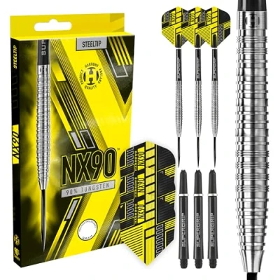 Image of Harrows NX90 90% Tungsten Steel Tip Darts Set 21g, 22g, 23g, 24g, 25g &amp; 26g Includes Black Supergrip Midi Shafts Micron Flights (24g)