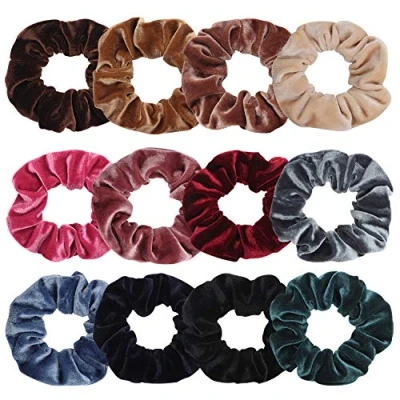 Image of Kurtzy Velvet Hair Scrunchies (12 Pack) Soft Bobble Bands for Women&#039;s Types From Straight, Wavy, Curly, Coily, Long, Short, Thick and Fine Colourful Elastic Scrunchy Ties