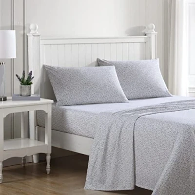 Image of Laura Ashley Home Twin Sheets, Cotton Percale Bedding Set, Crisp &amp; Breathable (Emogene Purple, Twin)