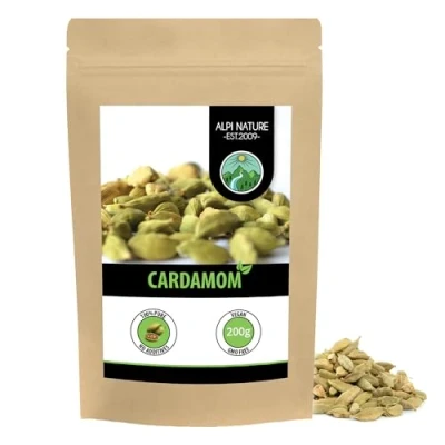 Image of cardamom whole (200g, 7oz), seeds, pods 100% natural, seeds without additives, vegan