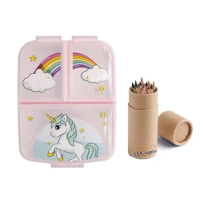 Image of OM SUPPLIES Unicorn Reusable Sandwich Lunch Box 3 Multi Compartment Kids Children School Includes Half Size 12pcs Pencil Set (Unicorn)